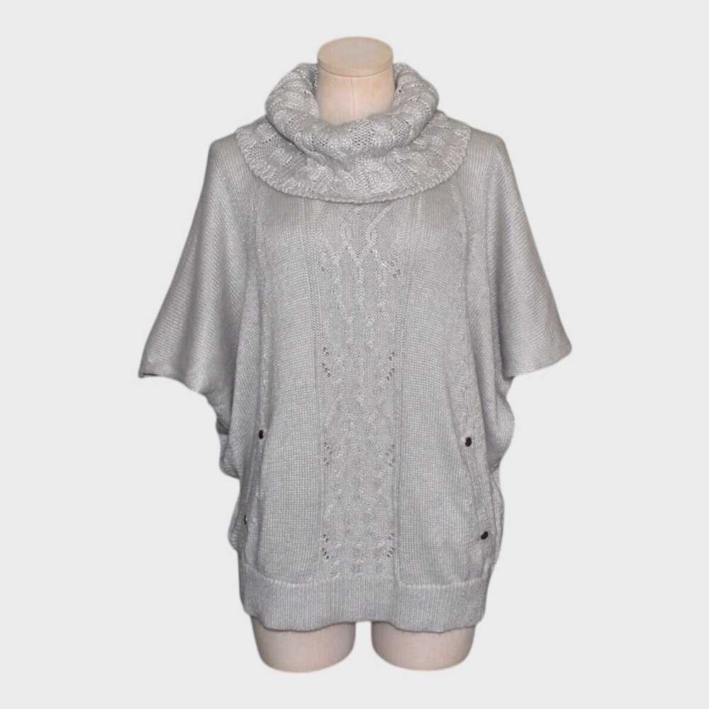 White House Black Market Gray Cowl Neck‎ Cable Knit Poncho Sweater